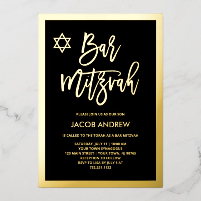 Invitation En Aluminium Foil or moderne et Barre noire Mitzvah (Recto)