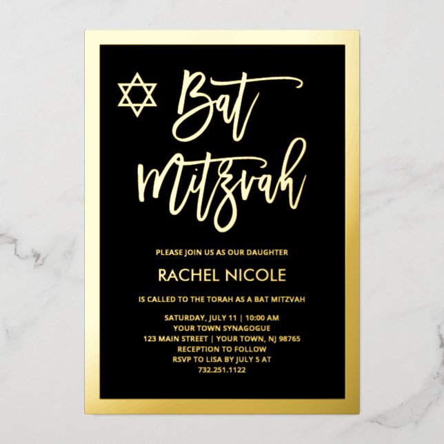 Invitation En Aluminium Foil or moderne et Bat mitzvah noir (Recto)
