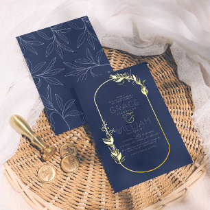 Invitation En Aluminium Foil Pressé   Cadre Botanique Bleu Marine Mariage