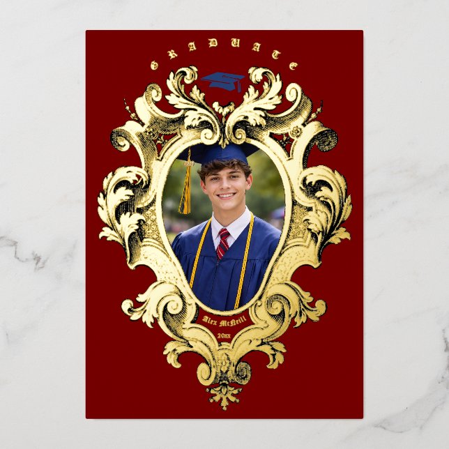 Invitation En Aluminium Foil Rococo Cartouche Photo Template Graduation (Recto)