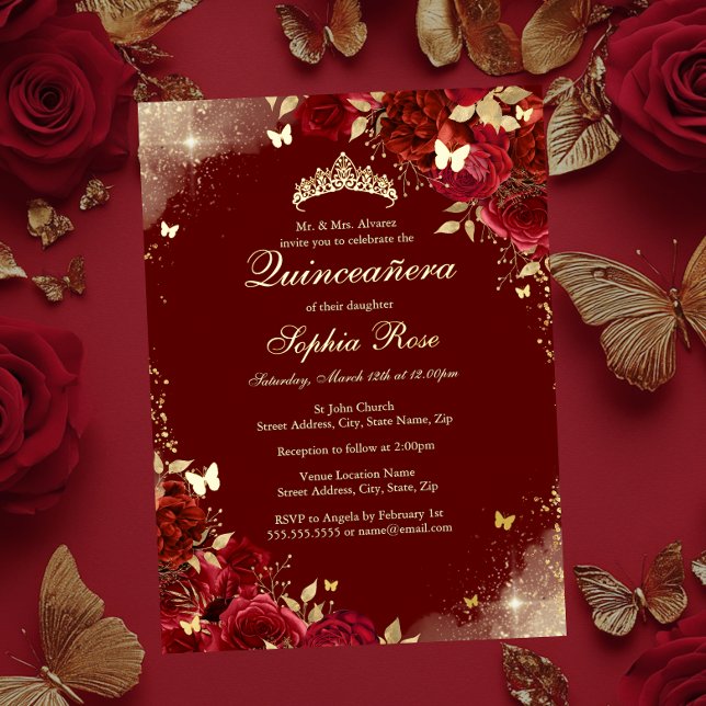 Invitation En Aluminium Foil Rouge Papillon or Floral Quinceanera (Créateur téléchargé)