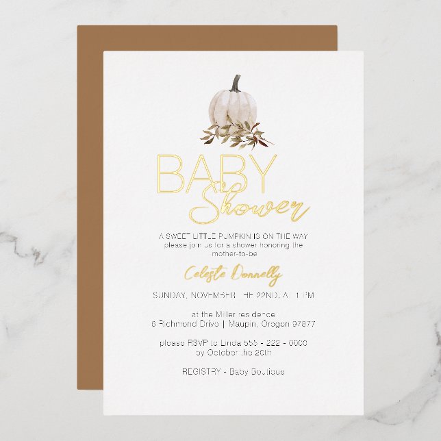 Invitation En Aluminium FOIL White Rustic Boho Baby shower Citrouille (Recto/Verso)