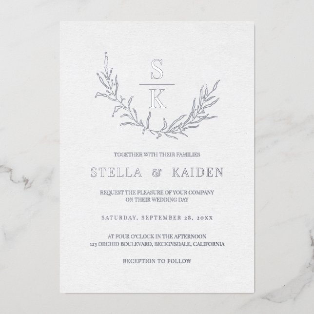 Invitation En Aluminium Foliage moderne Feuille Line Art Mariage élégant (Recto)