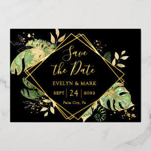 Invitation En Aluminium Foliage Tropical Noir et Or Feuille d'Or Save the 