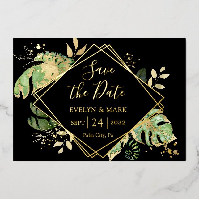 Invitation En Aluminium Foliage Tropical Noir et Or Feuille d'Or Save the  (Recto)