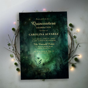 Invitation En Aluminium Forêt Enchantée Émeraude Or Élégante Quinceanera