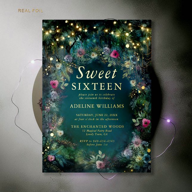 Invitation En Aluminium Forêt Enchantée Roses or Twinkle Light Sweet 16 (enchanted forest sweet sixteen invitation magical woodland garden roses emerald green fuchsia gold)