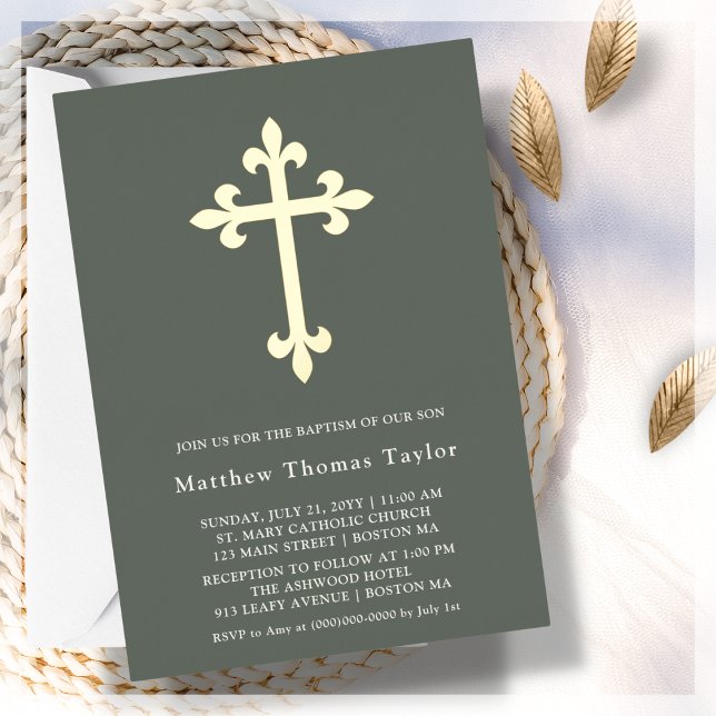 Invitation En Aluminium Forêt Green Gold Cross Baptême (Créateur téléchargé)