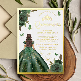 Invitation En Aluminium Forêt Vert Floral Papillon Quinceanera Or