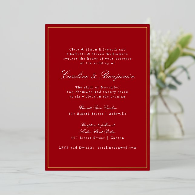 Invitation En Aluminium Formal Classic Red Gold Border Elegant Wedding  (Debout devant)