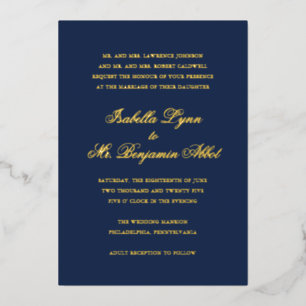 Invitation En Aluminium Formal Elegant Traditionnel Mariage Bleu Marine Or