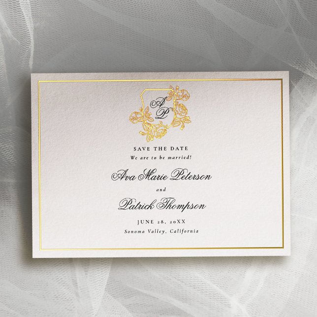 Invitation En Aluminium Formal Gold Wild Roses Crest Wedding Enregistrer l (formal wedding save the date modern classic traditional wild roses floral crest gold foil frame)
