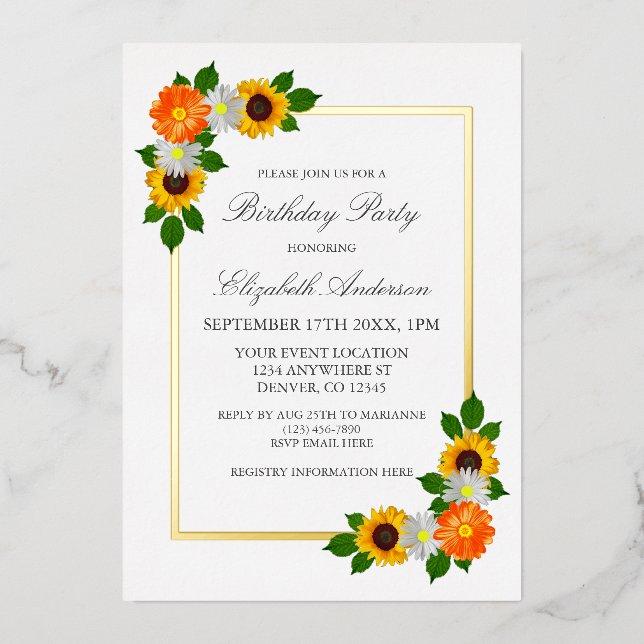 Invitation En Aluminium Frame Or Floral Anniversaire (Recto)