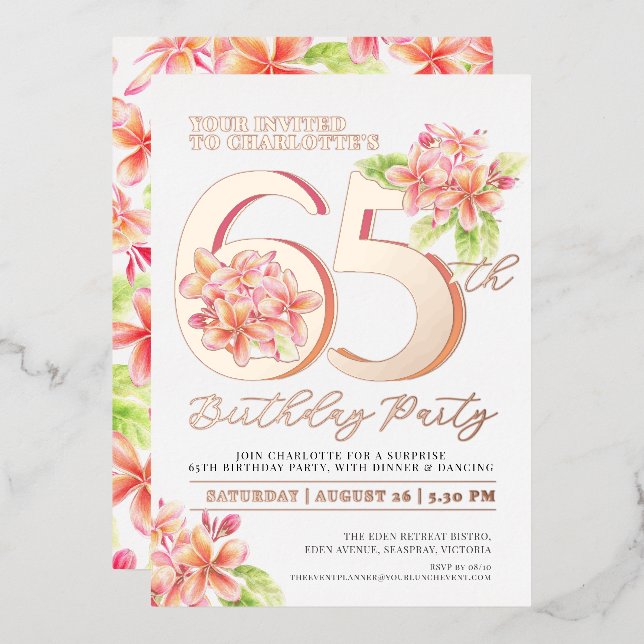 Invitation En Aluminium Frangipani fête de 65e anniversaire rose floral or (Recto/Verso)