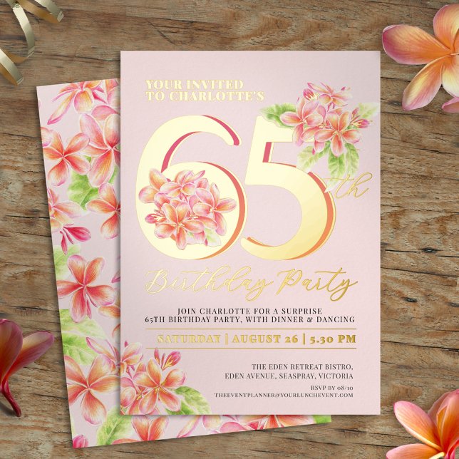 Invitation En Aluminium Frangipani fête de 65e anniversaire rose floral or (Créateur téléchargé)