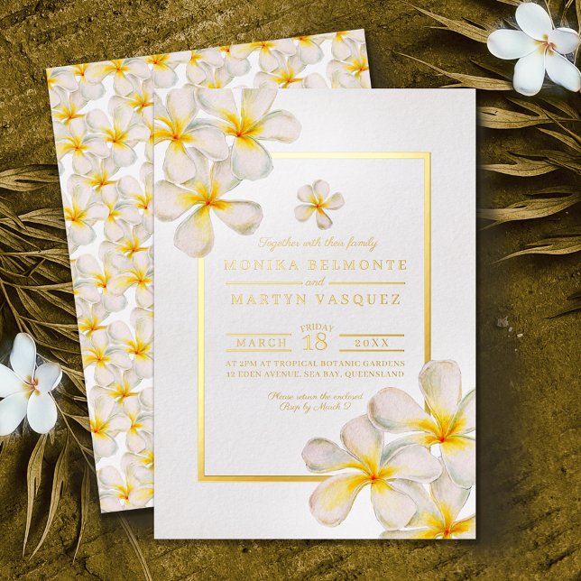 Invitation En Aluminium Frangipani or blanc mariage d'art des fleurs tropi (Créateur téléchargé)