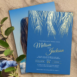 Invitation En Aluminium frondes de palmier tropicale feuille d'or bleu mar