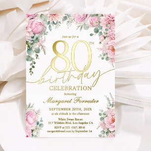 Invitation En Aluminium Fuchsia Floral Élégant Or Véritable pour 80e Anniv