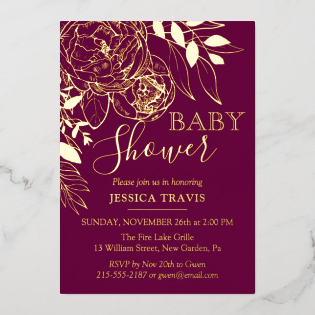 Invitation En Aluminium Fuchsia & Gold Modern Floral Baby shower (Recto)