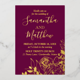 Invitation En Aluminium Fuchsia & Gold Peony Mariage Floral moderne