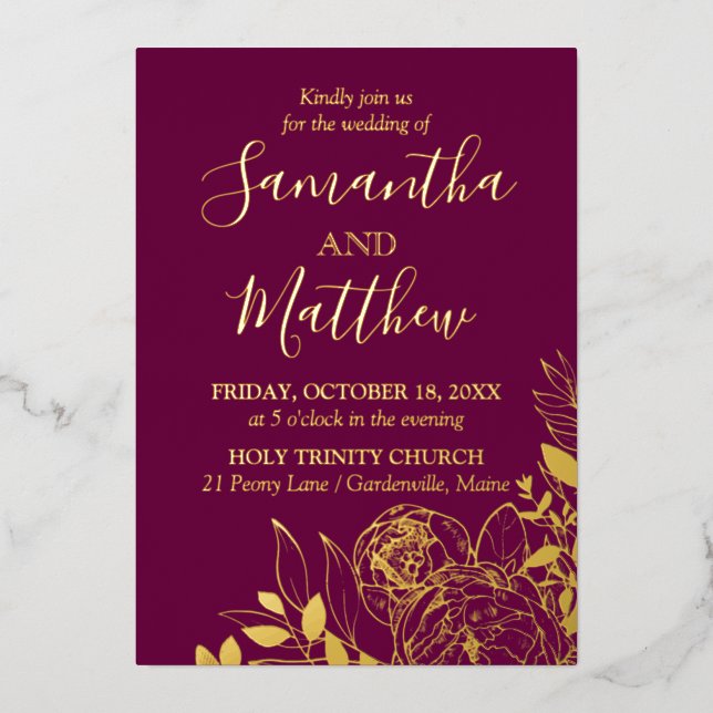 Invitation En Aluminium Fuchsia & Gold Peony Mariage Floral moderne (Recto)