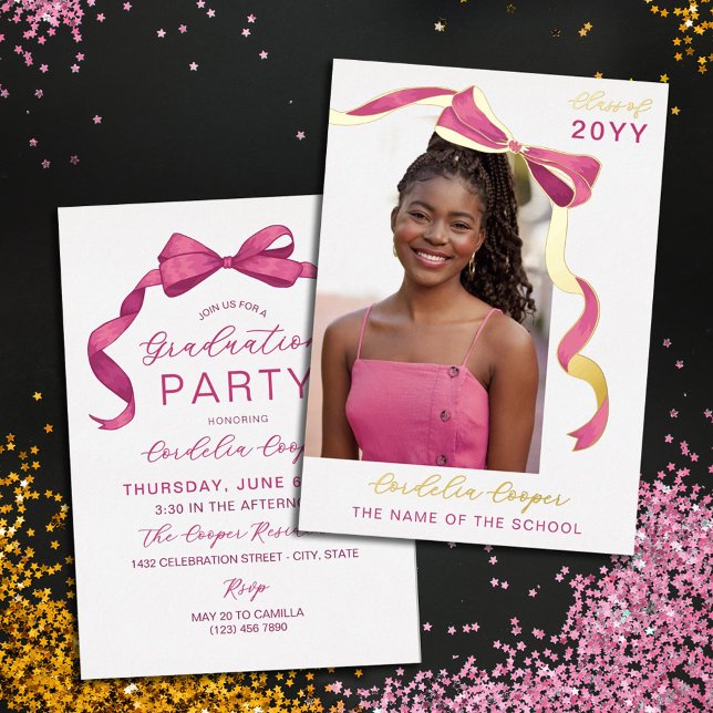 Invitation En Aluminium Fuchsia Pink Gold Bow Arch Photo Foil Graduation (Créateur téléchargé)