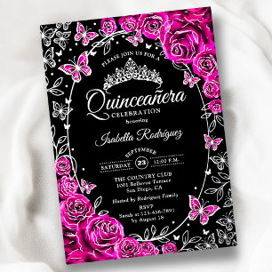 Invitation En Aluminium Fuchsia Rose Argent Noir Roses Quinceanera