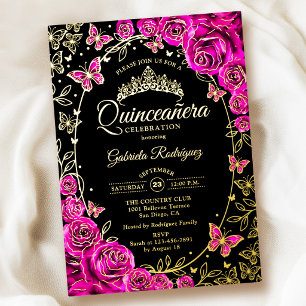 Invitation En Aluminium Fuchsia Rose Or Rose Fuschia Or et Noir Quinceaner