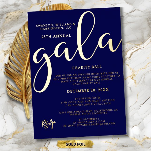 Invitation En Aluminium Gala Event Charity Fundraiser Elegant Blue Gold (Gala Event Charity Fundraiser Elegant Blue Gold Script Foil Invitation for Charity Gala Ball.)