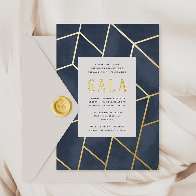 Invitation En Aluminium Gala géométrique bleu de la marine Gold Foil Invit (Navy blue watercolor and gold foil Geometric Gala Invitation)