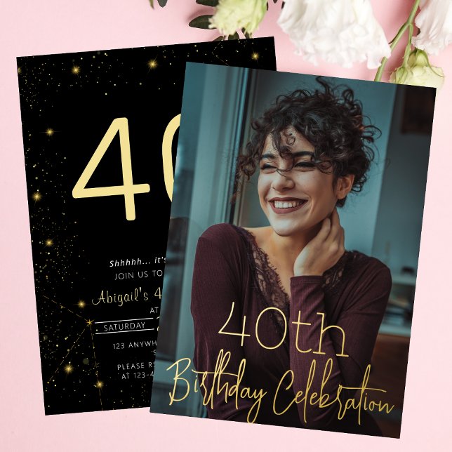 Invitation En Aluminium Galaxy Elegance Photo Black Gold Anniversaire (Galaxy Elegant Photo Black Gold Birthday Party Foil Invitation )