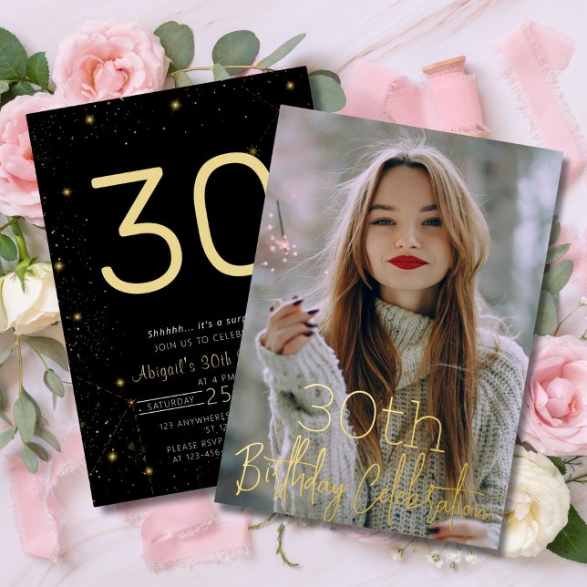 Invitation En Aluminium Galaxy Elegance Photo Black Gold Anniversaire (Galaxy Elegant Photo Black Gold Birthday Party Foil Invitation )