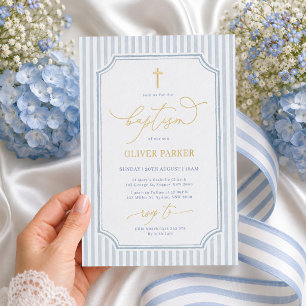 Invitation En Aluminium Garçon à rayures bleues et blanches Baptême