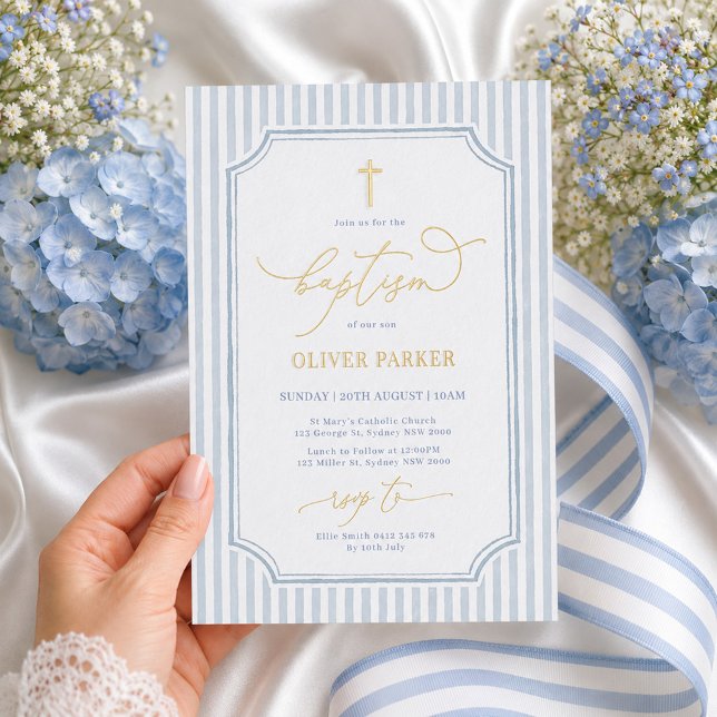 Invitation En Aluminium Garçon à rayures bleues et blanches Baptême  (Créateur téléchargé)