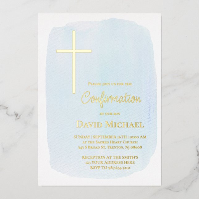 Invitation En Aluminium garçon de confirmation aquarelle bleu pastel (Recto)