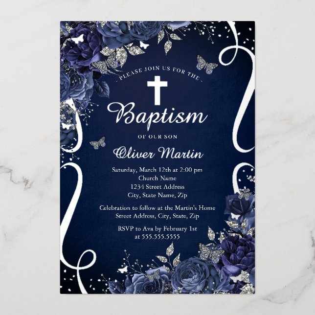 Invitation En Aluminium Garçon Navy Fleur Fleurie Papillon Baptême  (Recto)