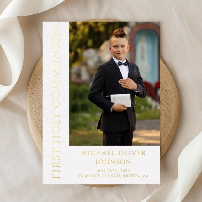Invitation En Aluminium Garçon Photo moderne First Holy Communion Gold (Elegant Photo Boy First Communion Gold Foil Invitation)