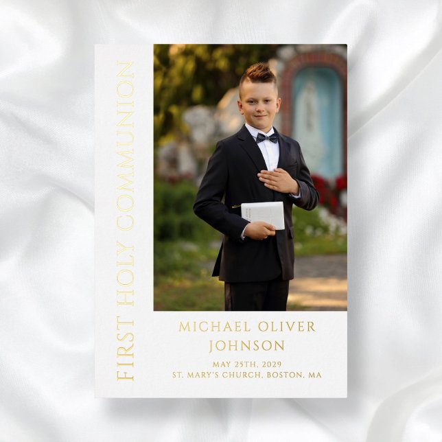 Invitation En Aluminium Garçon Photo moderne First Holy Communion Gold (Boy Modern Photo First Holy Communion Gold Foil Invitation
)