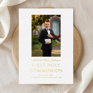 Invitation En Aluminium Garçon Photo Script Première Sainte Communion Or