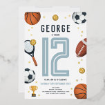 Invitation En Aluminium Garçons Moderne Sports Étoile Enfants<br><div class="desc">Ce modèle d'invitation d'anniversaire de foil d'or pour enfants, mignon et moderne, a un dessin animé sportif, avec un ballon de basket, de football, de football, de raquette de tennis, de trophée et d'étoiles d'or. L'invitation peut être personnalisé avec votre nom de garçon et d'autres détails nécessaires à votre fête....</div>
