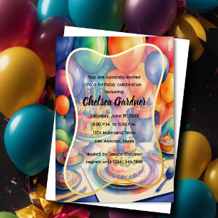 Invitation En Aluminium Gâteau Ballons Anniversaire Aquarelle Coloré