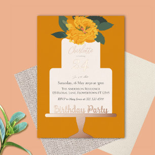 Invitation En Aluminium Gâteau floral moderne jaune fête d'anniversaire or