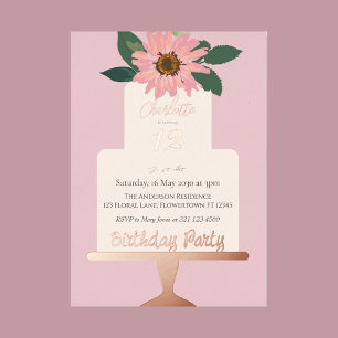 Invitation En Aluminium Gâteau rose floral Anniversaire Fête Argent