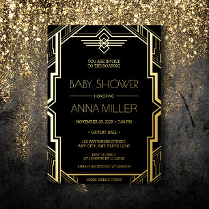 Invitation En Aluminium Gatsby Art Déco Baby shower noir et or