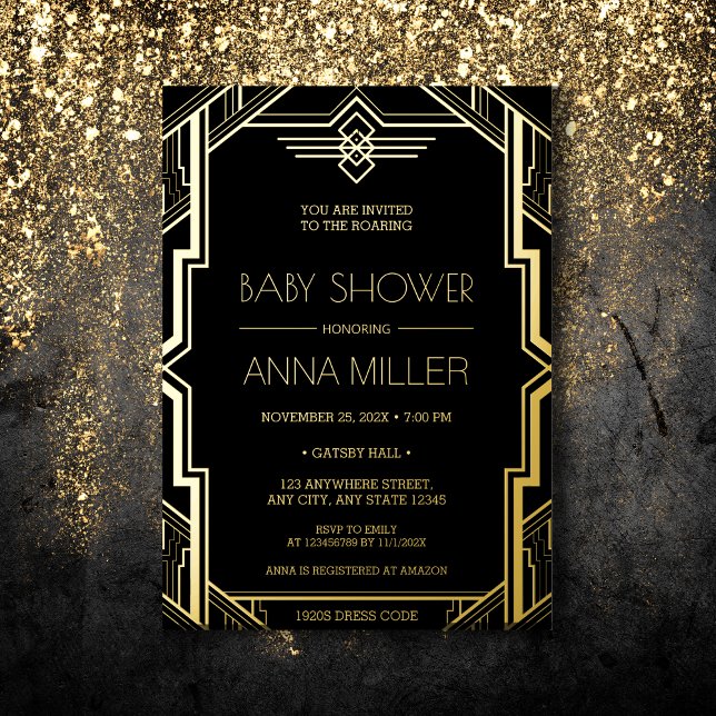 Invitation En Aluminium Gatsby Art Déco Baby shower noir et or (Créateur téléchargé)