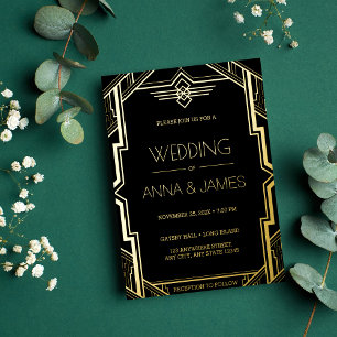 Invitation En Aluminium Gatsby Art Déco Mariage noir et or