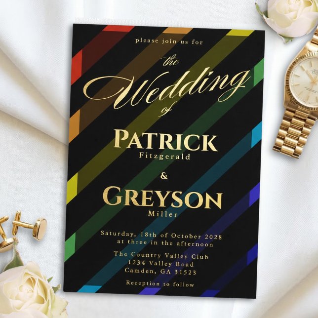 Invitation En Aluminium Gay Men Wedding Elegant Rainbow Gold (Créateur téléchargé)