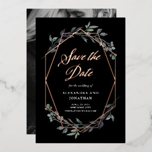 Invitation En Aluminium Geo Black vert Rose Gold Enregistrer la date