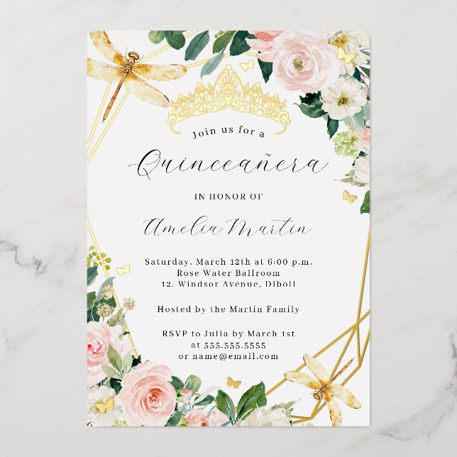 Invitation En Aluminium Geo Blush Floral Dragonfly Quinceanera Gold (Recto)