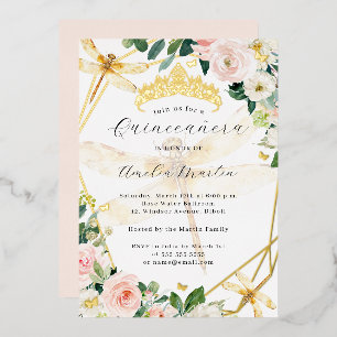 Invitation En Aluminium Geo Blush Floral Or Quinceanera Dragonfly en or